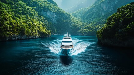 A yacht is cruising on the ocean with lush greenery in the background, representing a luxurious...