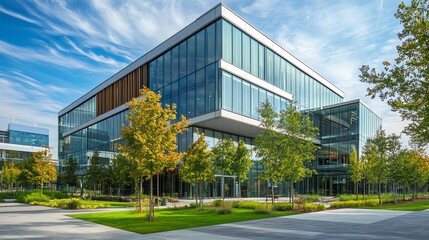 Fototapeta premium Modern office building with glass facade and lush green landscaping.