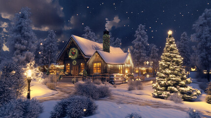 Fototapeta premium 3D rendering of christmas tree and wooden house at night