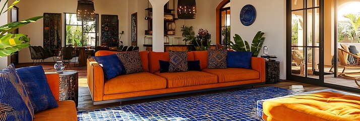 Energetic living room with burnt orange couches and blue mosaic tile accents.