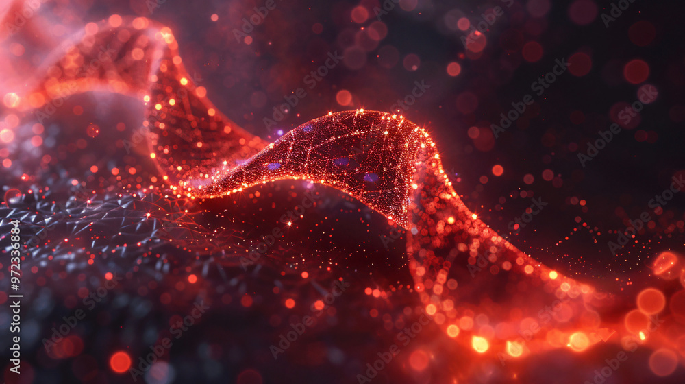 Poster a dynamic image showcasing a flowing wave of red and orange light particles, creating a mesmerizing 