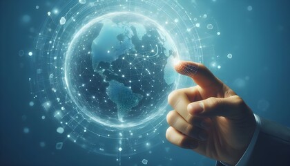Hand pointing at digital wireframe globe on light blue background, representing global connections and technology concept.