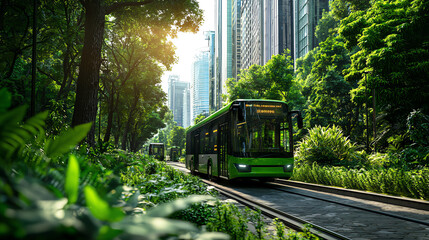 Obraz premium A green bus travels along a scenic track surrounded by lush trees and modern skyscrapers in an urban environment.