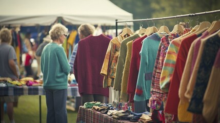 Fototapeta premium Colorful Outdoor Market Displaying Assorted Vintage Clothing and Knitwear on Sunny Day