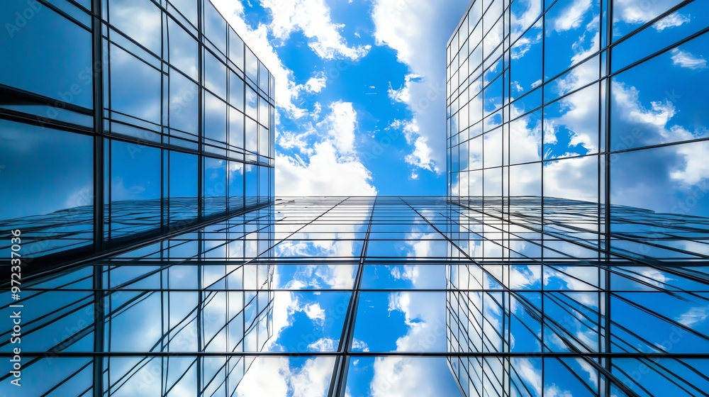 Poster a low-angle view of a skyscraper with a blue sky reflecting in the windows.