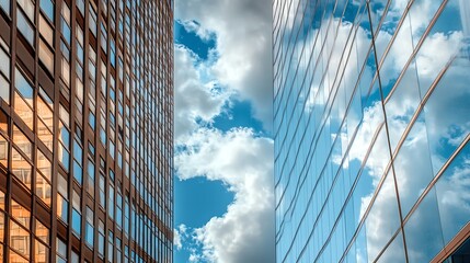 Fototapeta premium Close up of a modern skyscraper reflecting a cloudy sky.