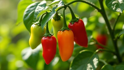 Fresh red and green peppers on plant in sunlight
