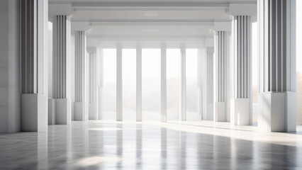 Fototapeta premium A spacious and bright interior featuring white columns and a polished floor, creating a sense of openness and elegance, perfect for architectural photography or design inspiration.