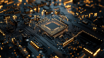 Obraz premium Closeup of illuminated microchip on a circuit board
