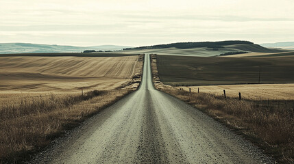 Naklejka premium Long gravel road stretching through rolling farmland.