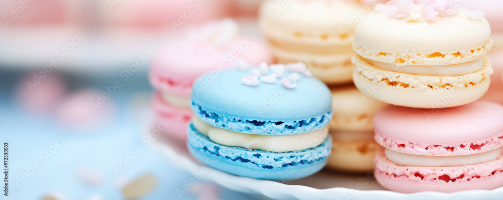 Poster a plate of assorted colored macarons with blue and pink on the bottom. the macarons are arranged in 