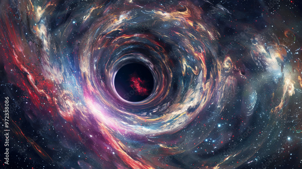 Poster a mesmerizing view of a swirling black hole in space, surrounded by vibrant cosmic colors and patter