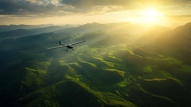 A stunning aerial view of an airplane flying over lush green mountains during a beautiful sunset.