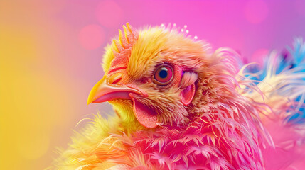 Fototapeta premium Pop fluffy chicken in bright pink and yellow, generative AI