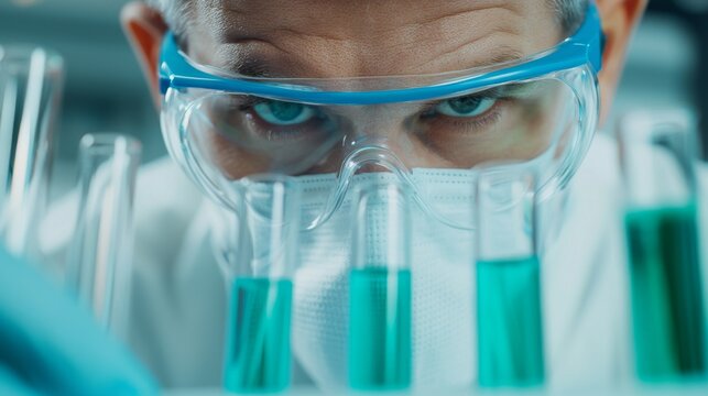 Scientist in protective gear intensely examining test tube in sterile industrial laboratory, focused expression, minimalist environment, emphasizing precision and safety
