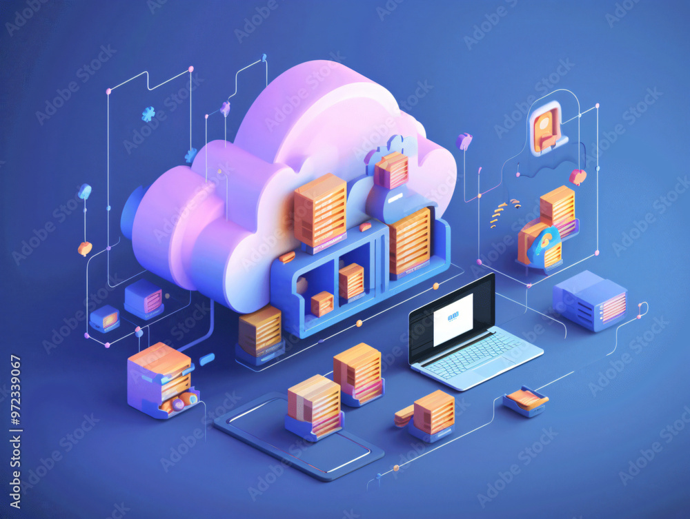Poster a detailed digital illustration showcasing a cloud computing concept with various storage units and 