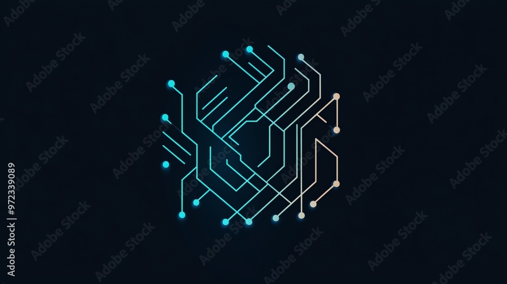Poster abstract pattern of glowing blue and orange lines and dots on a dark background.
