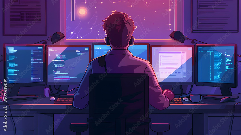 Aufkleber programmer, coder, web developer or software engineer sitting at desk and working on computer or pro
