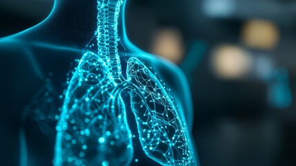 Holographic Human Anatomy, a striking silhouette of a body with illuminated lungs and neural connections, embodying the future of biotechnology against a dark backdrop.