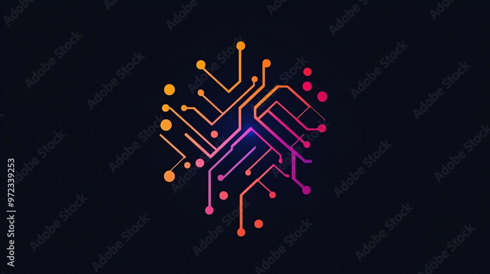 Poster abstract colorful circuit board design on a dark background.
