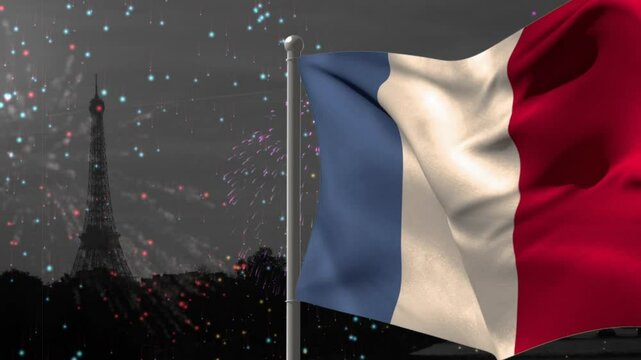 Animation of flag of france with fireworks and eiffel tower background