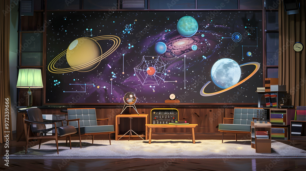 Aufkleber quantum physics talk show set: set with quantum physics-themed decor, atomic models, and a backdrop 