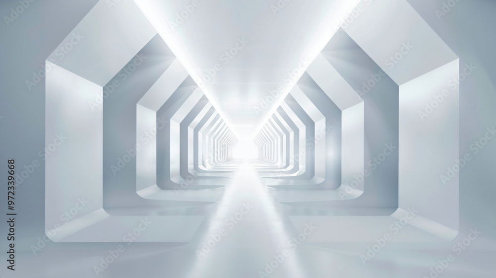 Poster an abstract representation of a corridor featuring smooth white surfaces and sharp angles, illuminat
