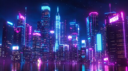 Fototapeta premium Neon lights illuminate a futuristic city skyline at night.