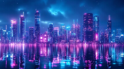 Obraz premium A beautiful city skyline at night, glowing with pink and blue neon lights.