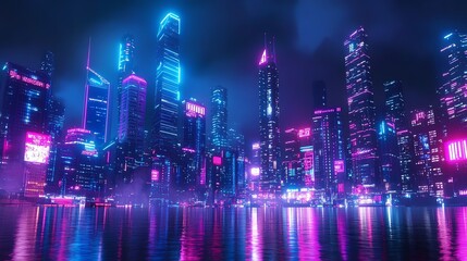 Obraz premium Neon city skyline with skyscrapers reflecting in the water.