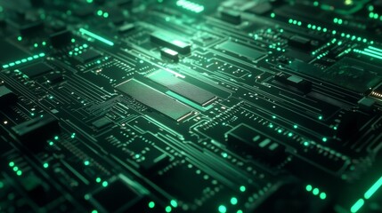 Obraz premium 3D render of a green circuit board background, a computer technology concept