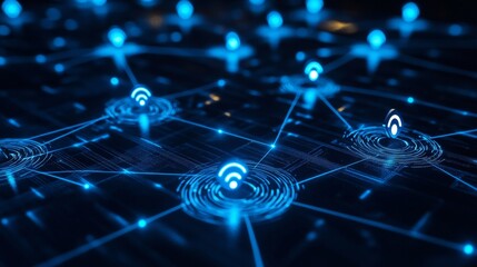 3D rendering of a wireless network connection with blue light and other symbol icons on a dark background