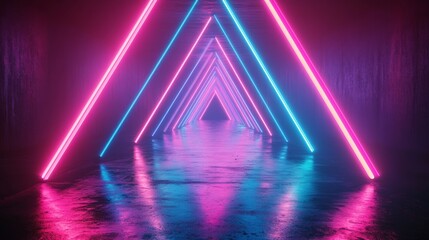 Fototapeta premium 3D rendering of glowing neon light lines in the shape of triangles on a dark background
