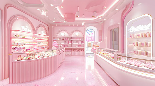 Luxury premium candy shop interior in pastel colors with lots of sweet treats, generative AI