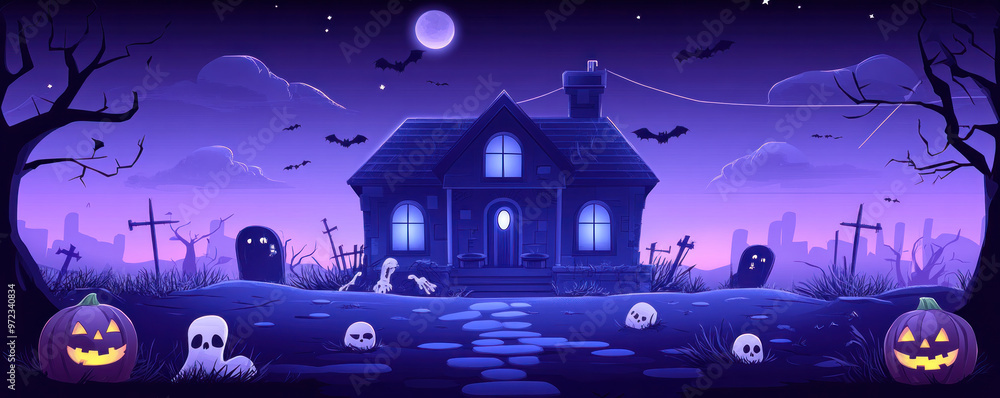 Poster a house with a graveyard in front of it. the house is surrounded by a graveyard with many skulls and