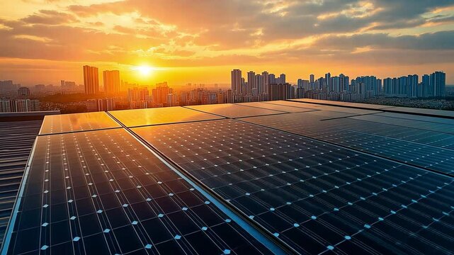 On a rooftop or terrace with sunshine, a factory or building can have solar panels with a solar inverter and solar panels or solar cells.