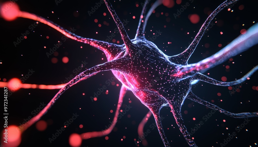 Poster a swirling, neon-colored representation of a neural network, with synapse-like connections and glowi