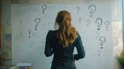 Fototapeta premium A businesswoman standing at a whiteboard with several question marks drawn around her, pondering a solution