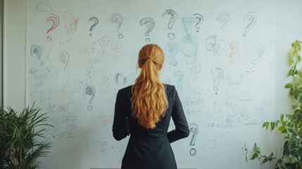Fototapeta premium A businesswoman standing at a whiteboard with several question marks drawn around her, pondering a solution