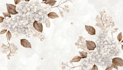 A vintage wallpaper design with botanical blooms such as lilacs and hydrangeas, surrounded by magical twinkling stars and vines in soft, muted tones