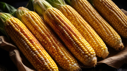 Appetizing grilled corn cobs with characteristic scorch marks close-up
