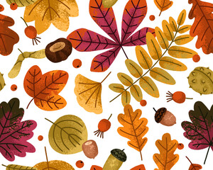 Autumn leaf, seamless pattern. Endless background, fall leaves. Forest foliage, natural repeating print for fabric, textile, wallpaper and wrapping design. Botanical colored flat vector illustration
