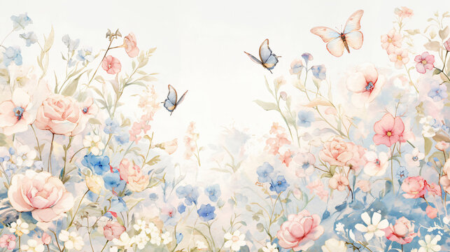 A soft watercolor illustration depicting a vibrant floral garden filled with roses, bluebells, and butterflies fluttering amidst the colorful blooms, creating a tranquil and enchanting scene.