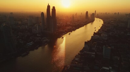 An aerial shot of Bangkok's skyline at sunset, with skyscrapers casting shadows over the