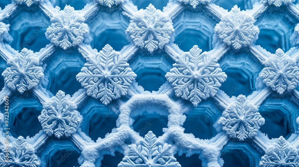 Poster snowflakes arranged in a perfect hexagonal grid, each flake detailed with sharp, geometric precision