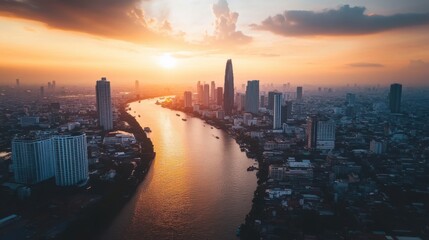 Naklejka premium An aerial shot of Bangkok's skyline at sunset, with skyscrapers casting shadows over the