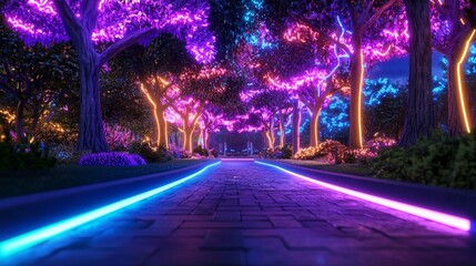 Obraz premium Neon Lights in a Magical Forest Path