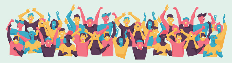 A vibrant crowd of diverse people cheering and celebrating together with raised arms.