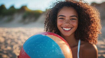 Naklejka premium A joyful girl holding a colorful beach ball on a sunny day near the shore with sand and dunes in the background
