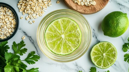 Fresh Lime Slice with Oats and Parsley on Marble Surface